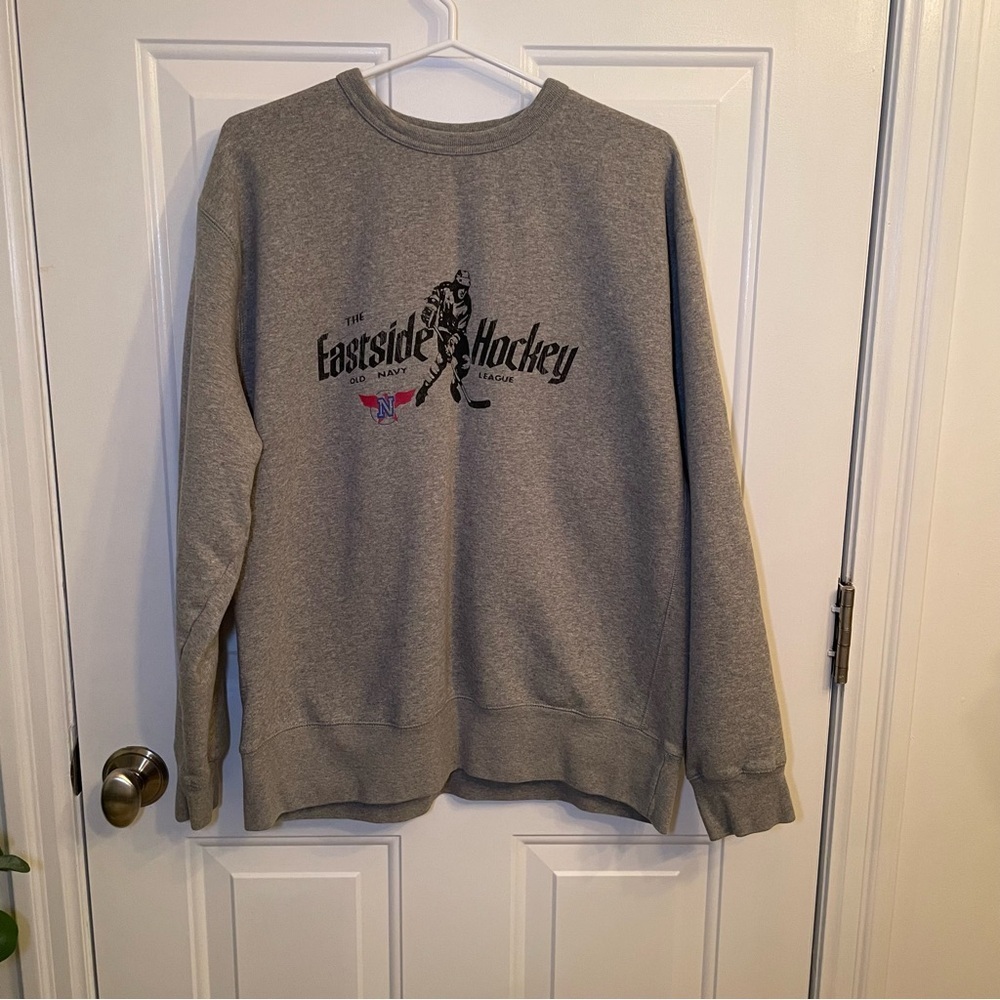 Old Navy Gray Crewneck Sweater with Hockey Graphic
